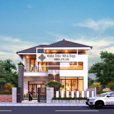 Mẫu nhà 2 tầng 4 phòng ngủ 10x11m mái Nhật